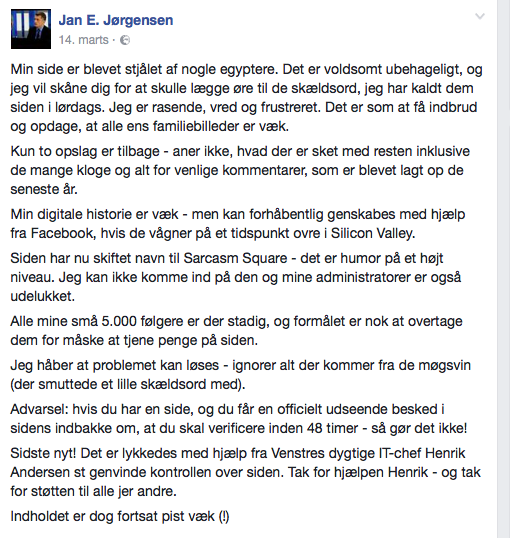 Jan E. Jørgense Facebook opslag